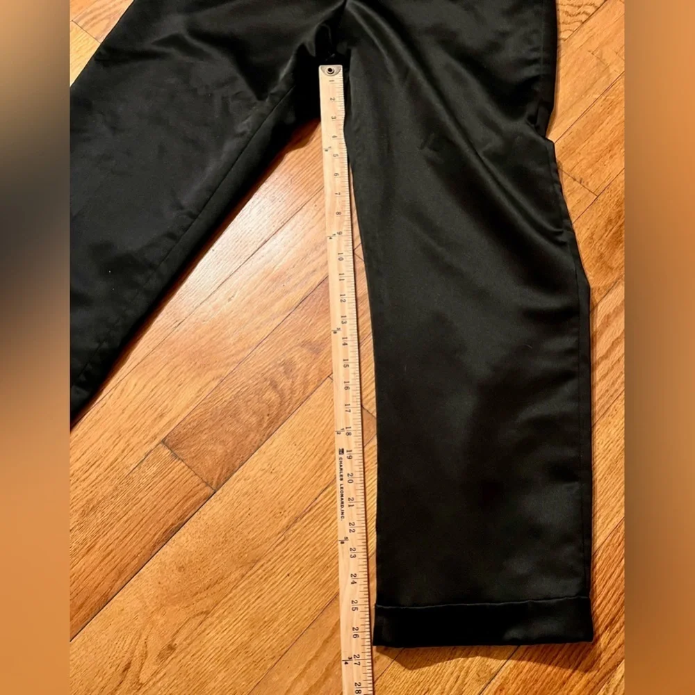 Bloomingdale’s Black Satin Wide Leg Trousers 10 Petite VTG Luxury Cuffed Pants